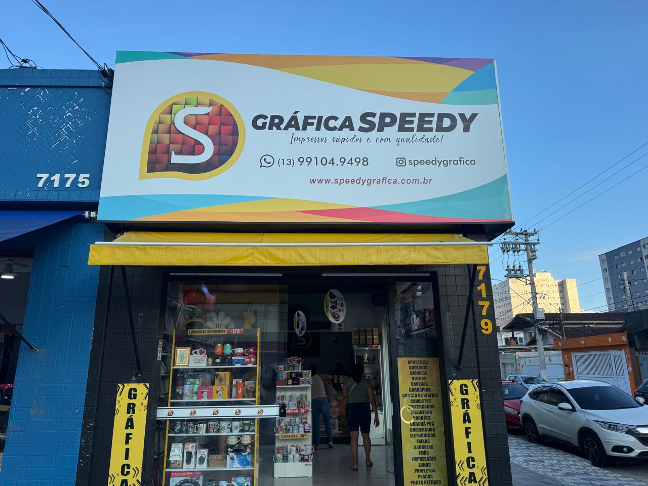 Fachada da Speedy Gráfica na Avenida Presidente Kennedy, em Praia Grande