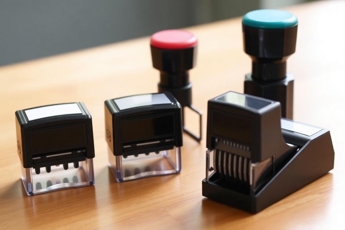 Carimbos automáticos personalizados sobre mesa de madeira