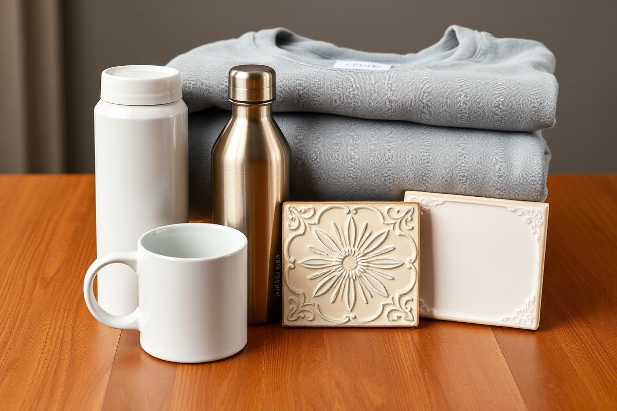 Canecas, garrafas, camiseta e azulejo personalizados sobre mesa de madeira