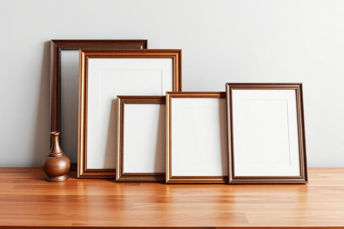 Porta-retratos e porta-certificados de madeira sobre mesa